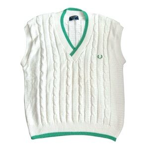 Vintage Fred Perry White Green Cable Knit Sweater Vest Preppy Tennis Old Money L